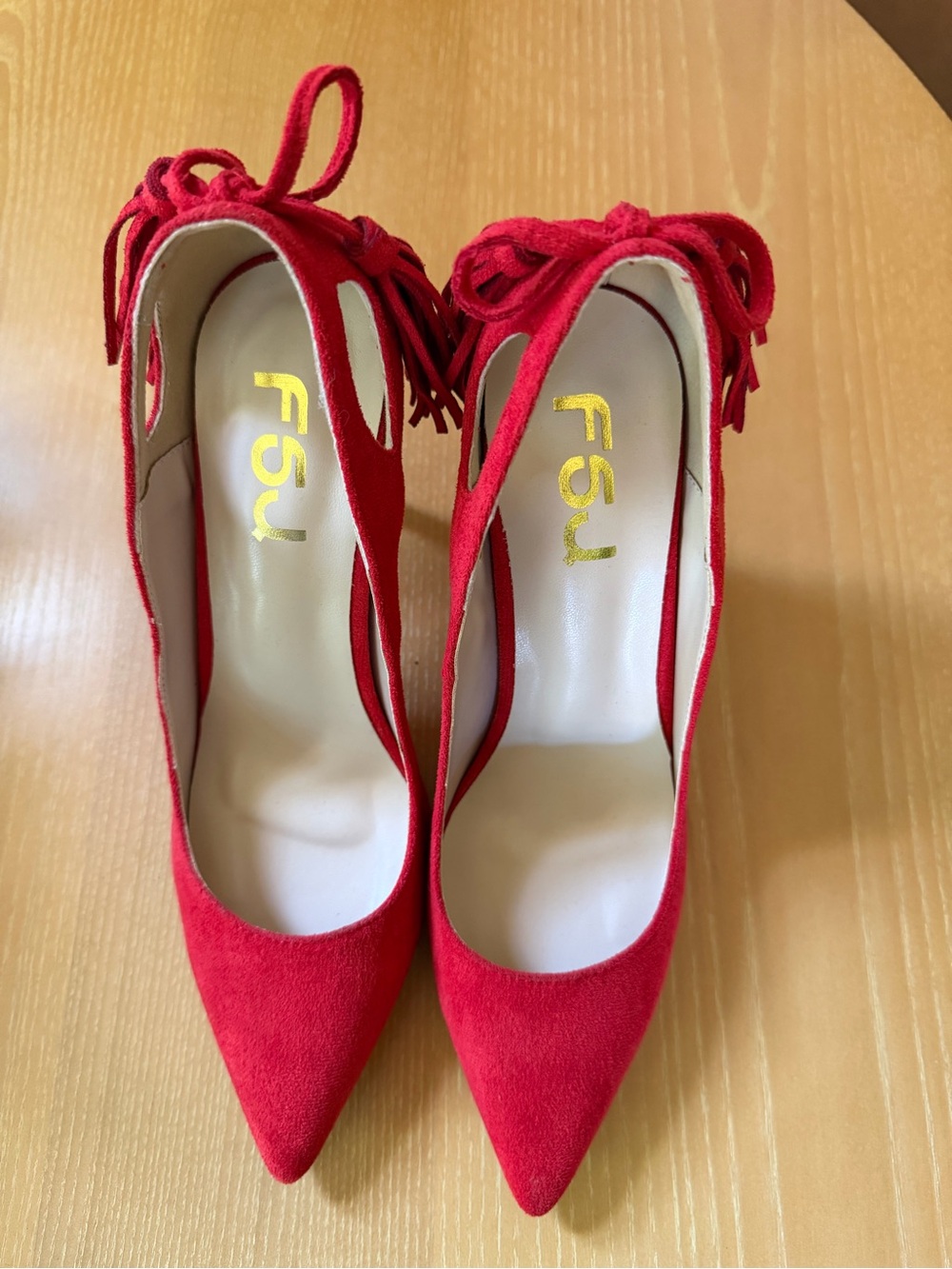 FSJ Red Suede Pointed Toe Pumps with Bow Tassel